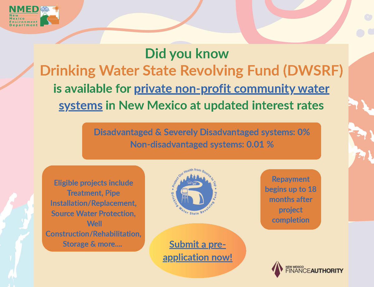 NMEnvDep's tweet photo. 💧 “Investing in Water. Investing in Community.” 🌎 

FY27 updates to the NM Drinking Water State Revolving Fund help private non-profit community water systems, including co-ops, with lower interest rates and more subsidy support 🚰 

Apply today: https://t.co/Y0nbk9Loj2 https://t.co/Xr7cypcNBf