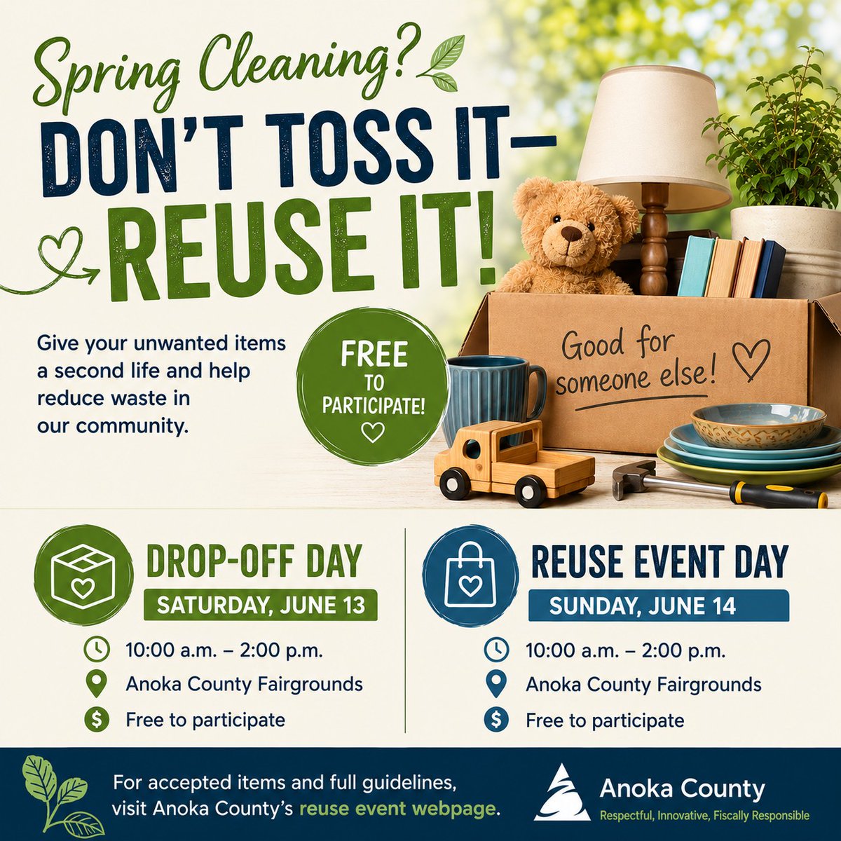 SpringLkPark's tweet photo. 🧹♻️ Spring cleaning? Don’t toss it—reuse it!

Anoka County is hosting a FREE Reuse Event at the Anoka County Fairgrounds:

📦 Drop-off: June 13, 10am–2pm
🛍️ Free item pickup: June 14, 10am–2pm
Details: https://t.co/hCmjaMIWow https://t.co/hYQWgjHGz6