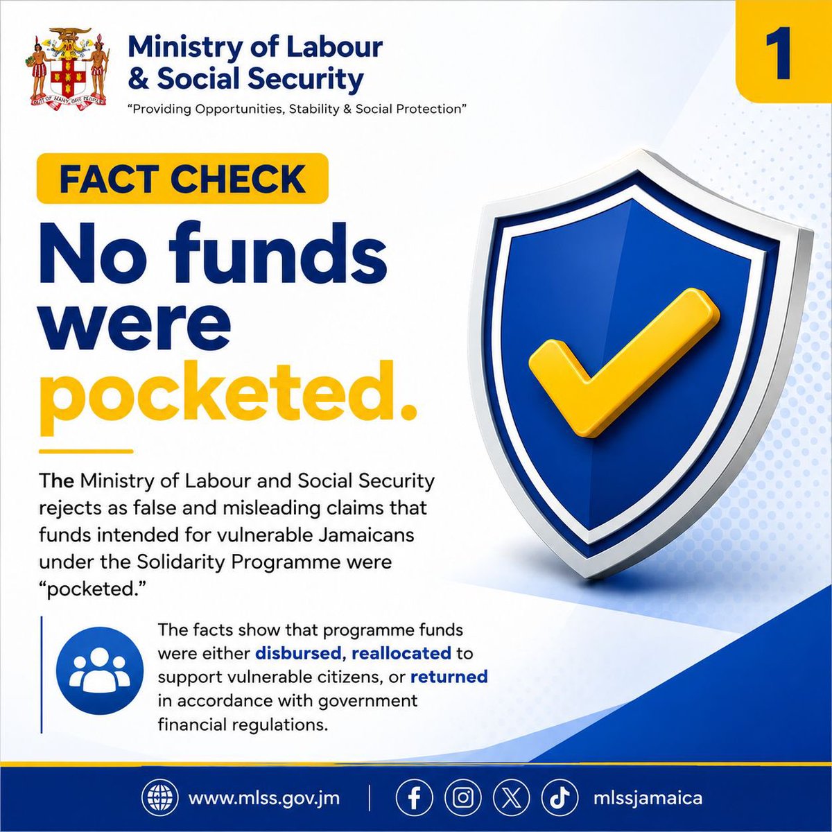 pcharlesjr's tweet photo. Claims that funds under the Solidarity Programme were “pocketed” are false and misleading. Programme funds were either disbursed to support vulnerable Jamaicans, reallocated to meet critical needs, or returned in keeping with government financial regulations. https://t.co/ipHQkzbeYm