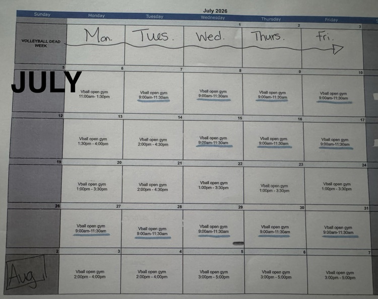 174Schools's tweet photo. Any girl interested in volleyball who does not have my phone number, please email me so I can send it to you. My email is lsigler@tvilleschools.org. Attached are the open gym times for July and practice schedule for Aug. Try-out date(s) TBA. https://t.co/ngfujoP4Xr