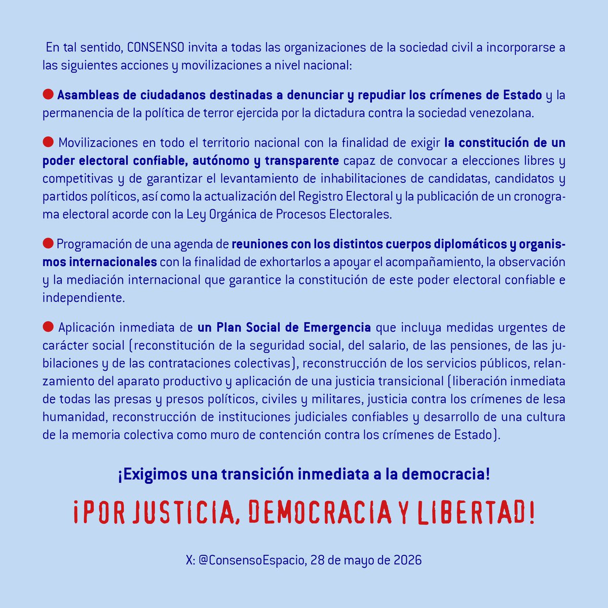 ConsensoEspacio's tweet photo. ¡RESPETO A LA SOBERANIA POPULAR! Desde el Espacio Consenso Por Un nuevo País, planteamos la urgencia de acelerar el proceso hacia una transición a la democracia en Venezuela. #28J #AquiGanoEdmundo #EleccionesYa Art5
￼￼￼￼ https://t.co/1R4Te3v876