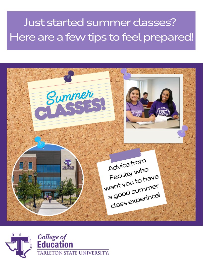 fwteachered's tweet photo. Are you ready for summer classes? 😎📖Here is some advice given by our faculty to help you start your summer class feeling ready to learn!💜

Thank you to Dr. Foster and Dr. Abrego for your amazing advice!

#Summerclass  #Student #EducationMatters #TarletonState #TarletonStateFW https://t.co/f78cFFMWsS