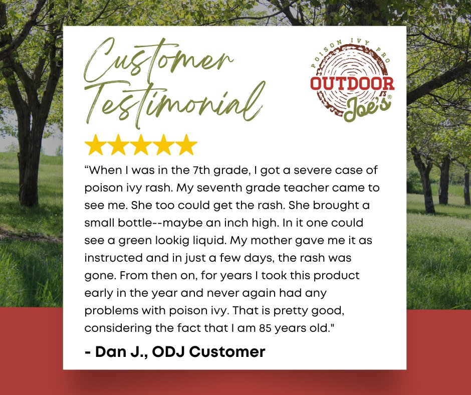 OutdoorJoes's tweet photo. Thanks, Dan, for sharing your story and trusting ODJ through the years.🙌

By adding ODJ to your regimen, you can enjoy the great outdoors without the constant worry of accidentally touching poison ivy.

Have an ODJ story to share? We’d love to hear it! https://t.co/VLLwYiXXX9 https://t.co/8evqjReJ4E