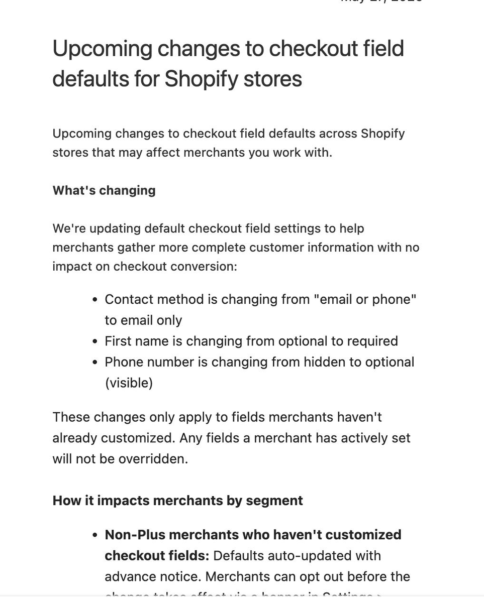 DaveDiederen's tweet photo. Since Shopify loves playing around with the checkout a lot lately, here's some new changes they are going to implement. 

This is an email I got from them yesterday, warning about more stuff to come. https://t.co/Y50SkMq9k8