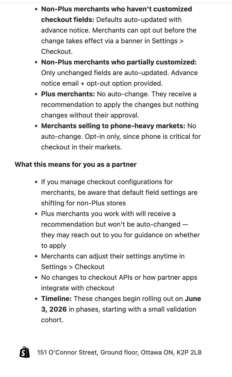 DaveDiederen's tweet photo. Since Shopify loves playing around with the checkout a lot lately, here's some new changes they are going to implement. 

This is an email I got from them yesterday, warning about more stuff to come. https://t.co/Y50SkMq9k8