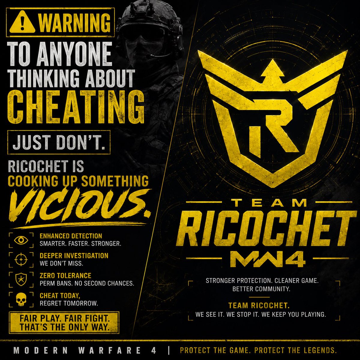 Davidplaysx89's tweet photo. ⚠️ MESSAGE TO EVERYONE THINKING ABOUT CHEATING IN MW4 & WARZONE ⚠️

Just don’t.

Team Ricochet isn’t playing around heading into the next era of Call of Duty: Warzone and Modern Warfare 4.

Reports are pointing toward stronger detection systems, faster ban waves, deeper investigations, and zero tolerance for rage hackers trying to ruin the game. 👀

Ricochet is cooking up something VICIOUS. 💀

The goal is simple:
🎯 Fair fights
🔥 Cleaner lobbies
🚫 Less cheaters
🎮 Better experience for real players

MW4 could be the cleanest Call of Duty experience we’ve had in years if Team Ricochet delivers.

Cheat today… regret tomorrow. 😭🔥

Thank you for all the transparency @CallofDutyCM  and for the next @InfinityWard master piece.