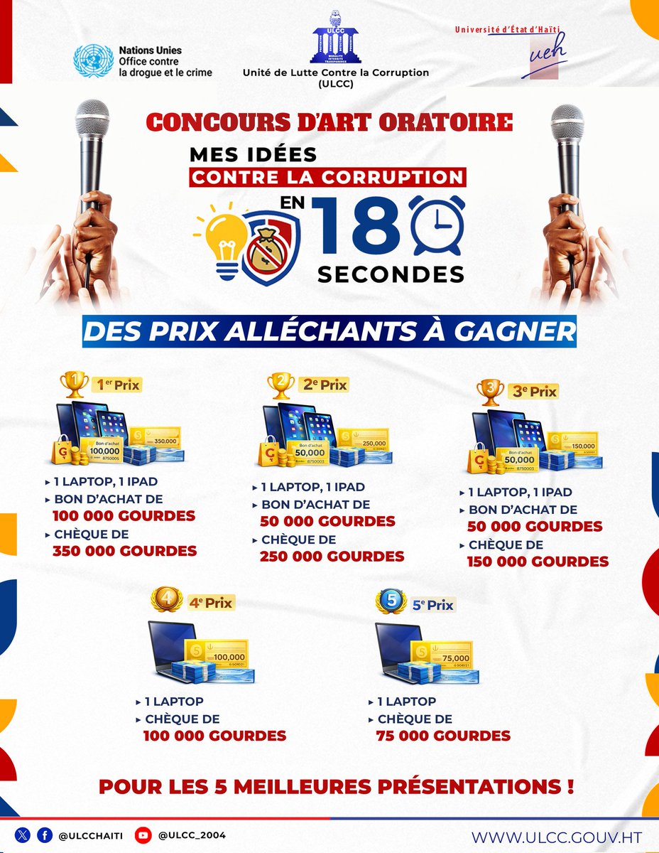 VoixLibreHT's tweet photo. La grande finale du concours d’art oratoire « Mes idées contre la corruption en 180 secondes » de l’@ULCCHaiti  est prévue pour ce vendredi 29 mai 2026 à l’hôtel Karibe Convention Center. https://t.co/H3CKoxg3Mx