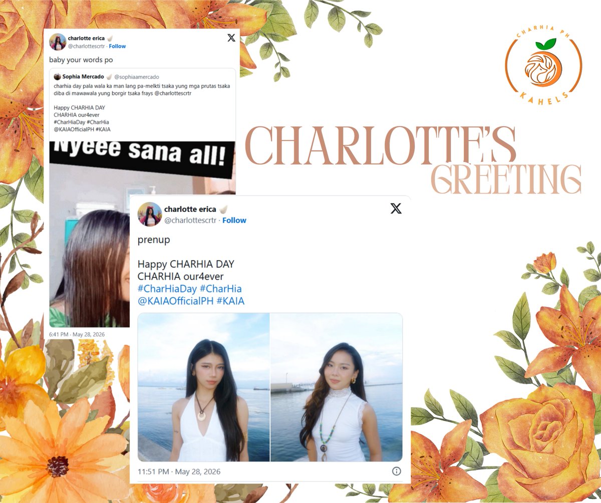 CharHiaPH's tweet photo. Because CharHia Day is back, we’re happy to celebrate this special day with our mains, CharHia—KAIA Charlotte and KAIA Sophia.🧡

Happy CHARHIA DAY 
CHARHIA our4ever 
#LOTTEFoundHerSOPHOne 
#CharHiaDay #CharHia
@KAIAOfficialPH #KAIA https://t.co/faxQfmGT76