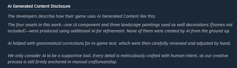 VarazLichtl's tweet photo. @IndieGameJoe Please be aware that this game currently still contains some AI generated (or refined how the devs are describing it) assets. So only buy and play if you are fine with that. https://t.co/Ub8QAucnpA