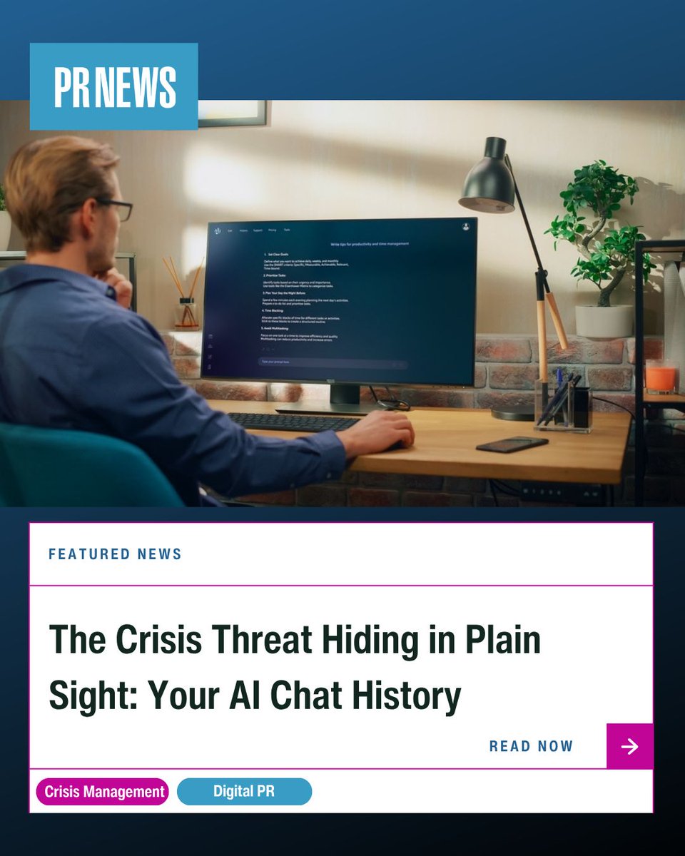 PRNews's tweet photo. Your AI chat history could end up in court.

Courts are treating chatbot conversations as discoverable evidence — and most comms teams don't have a plan for it yet. PRNEWS breaks down what PR pros need to do now 👇

https://t.co/dpLhkFx2Ny https://t.co/4sR16mLyzV