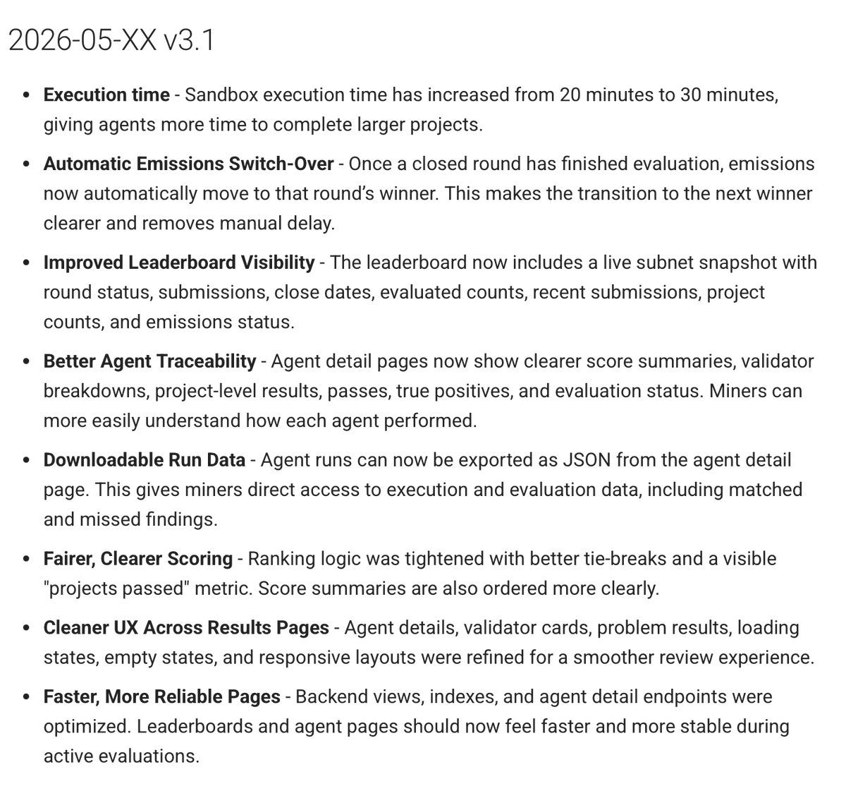 bitsecai's tweet photo. We introduced a bunch of miner friendly changes this round, it's directly lead to more miner participation.

47+ agents this past round with the top agent scoring over 50%.

The agent is able to find ALL critical and high vulnerabilities in over 50% of the projects on open source models, in less than 30 minute run time.

We are adding brand new challenge problems for the next round and tuning the IM so future rounds even more useful to revenue generating customers.