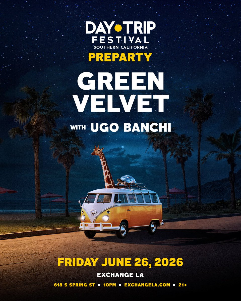 daytripla's tweet photo. Start your Day Trip Festival SoCal festivities at the official preparty with @GreenVelvet_ and Ugo Banchi at @ExchangeLA  on Friday, 6/26 💚

Tickets on sale now at https://t.co/nrZQ3ALyQL https://t.co/dspDVaKeNE