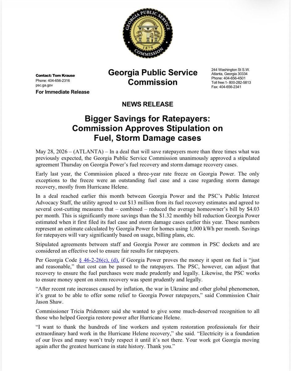 TPridemore's tweet photo. $50 in savings coming to Georgia Power customers thanks to the @GeorgiaPSC decision today. 

In particular, I want to thank the hundreds of lineworkers and system restoration specialists who recovered Georgia after Hurricane Helene last year. Delivering savings and a safe, reliable system is the goal of every state commissioner, glad to be a part of the team in the pace car - and still rates are frozen for 3 years. 😊 #energy