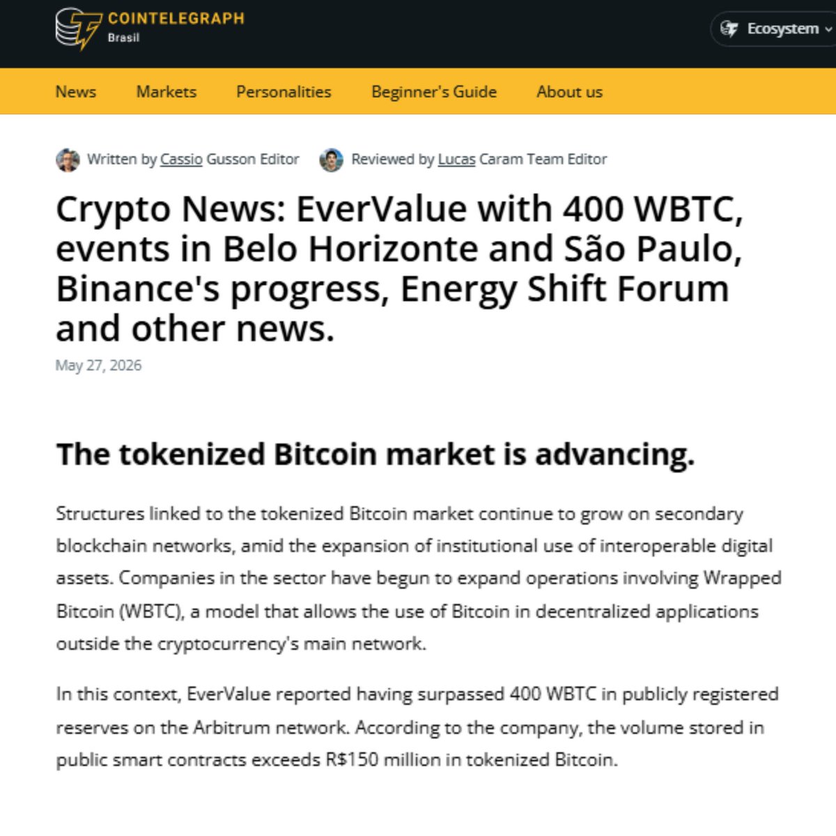 EverValueCoin's tweet photo. We were featured by Cointelegraph and SpaceMoney, two of the leading crypto news outlets today.

The mentions came after the EverValue ecosystem surpassed 400 WBTC in backing and reached the position of the 2nd largest WBTC holder on Arbitrum. 🚀

This recognition reinforces something we have believed since the beginning: transparency matters.

At EverValue, we are building an infrastructure based on:
⚡ Publicly verifiable reserves
⚡ Auditable smart contracts
⚡ Proprietary Bitcoin mining
⚡ On-chain transparency

We continue advancing in the construction of an ecosystem sustained by verifiability, blockchain integration, and real Bitcoin-backed reserves. 🔶

Cointelegraph:
https://t.co/Nii3Y6jxiu

SpaceMoney:
https://t.co/4gidhguwWZ

Keep following our social channels and stay up to date with the latest updates from EverValue Coin.