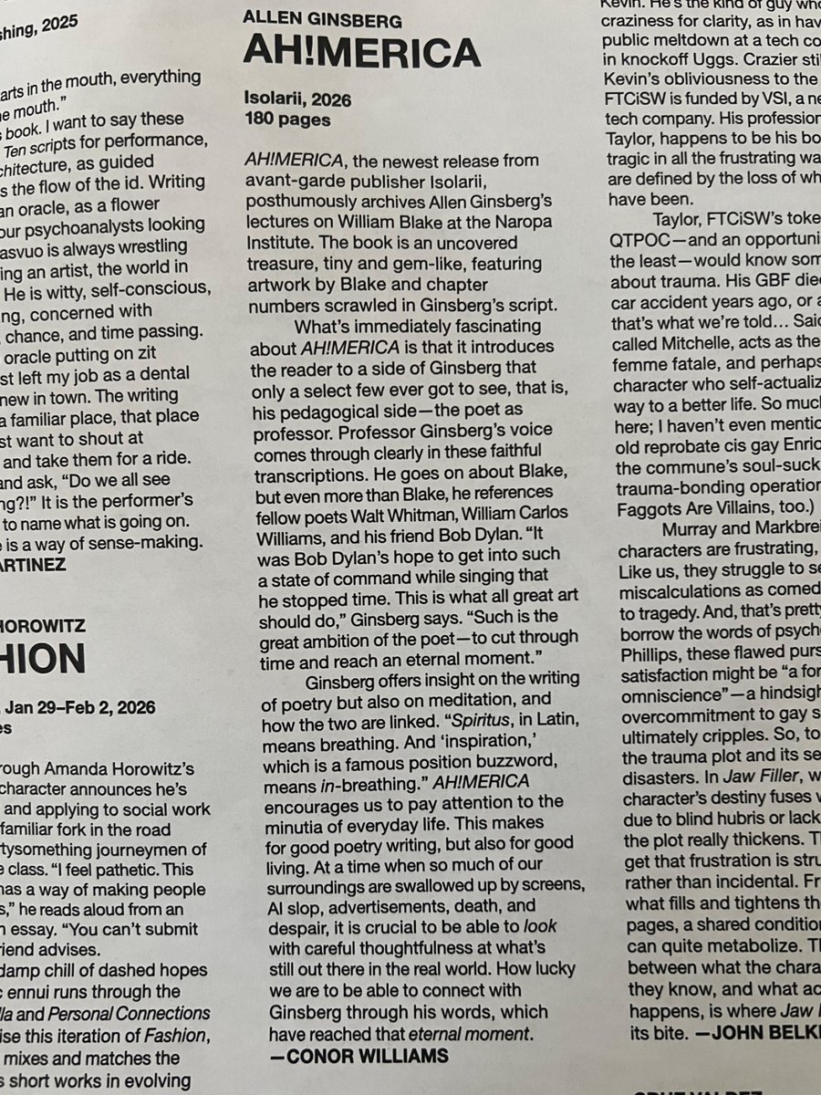 sadfilmcritic's tweet photo. I’m in The Whitney Review of New Writing with a review of AH!MERICA, a book of Allen Ginsberg’s lectures on William Blake, Whitman, Bob Dylan at the Naropa Institute. https://t.co/P6IAhuZxfb