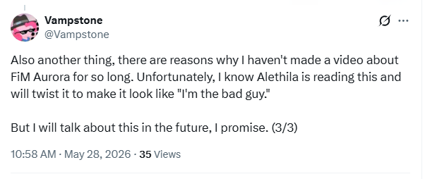 AnotherNagoMain's tweet photo. The 'video about FiM Aurora' Vampstone refers to here is a video targetting and harassing the development team behind FiM Aurora, it can only be described as a bully post.

@Vampstone thinks that revealing the truth is twisting it to make him look bad? 
He's done that by lying. https://t.co/Kf6QbRp724