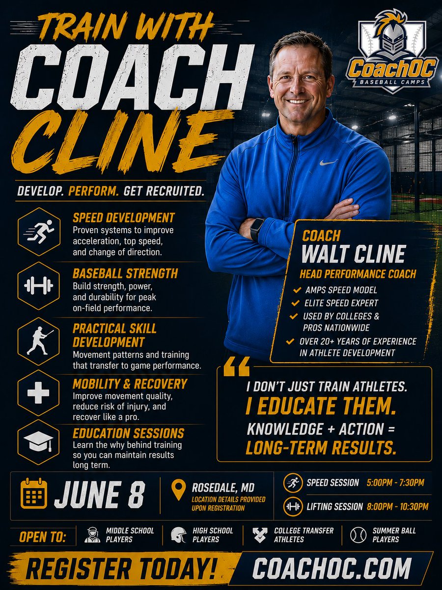 Coach_OC's tweet photo. ⚡ ESSEX PERFORMANCE CAMP ⚡

June 8 | Rosedale, MD
✔️ Speed Development
✔️ Strength Training
✔️ Practical Baseball Movement
✔️ Recovery &amp; Mobility

Train with Coach Walt Cline and Essex Baseball.
🎟️ Register:
https://t.co/RNxX9FkRW0
@Coach_OC @waltcline @XposureBSB https://t.co/b23PbbXKJm