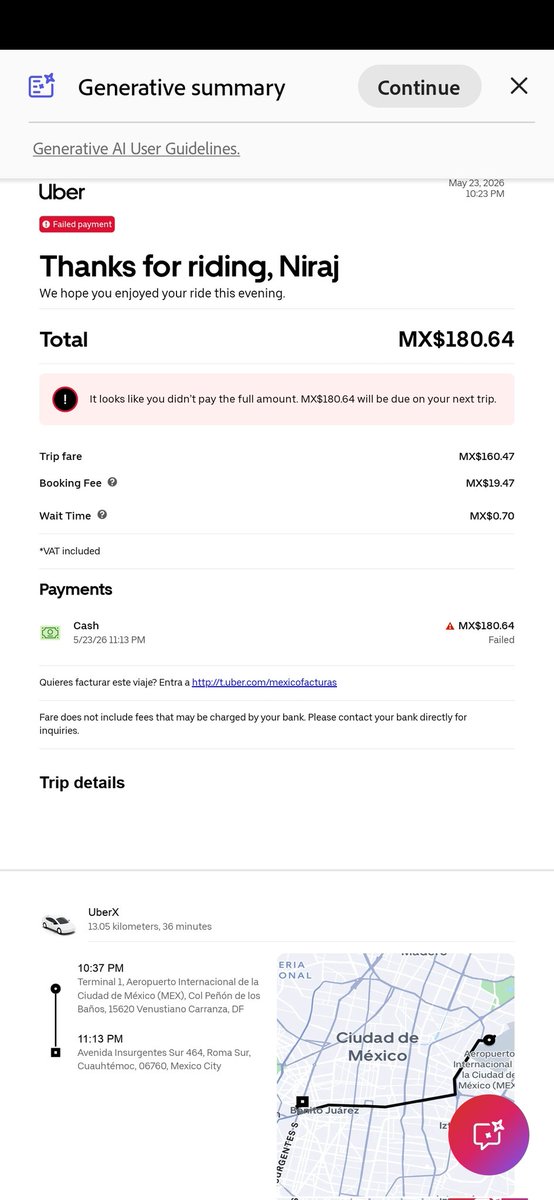niraj0507's tweet photo. Remaining 73.64 MXN needs to be paid by me. Pls tell me why would I pay this amount when I had full amount in cash to your driver. And also tell how can you mention that trip amount is unpaid when its a cash payment trip.
@CdmxPolicia Sir, pls help me https://t.co/yd0N9nx1UH