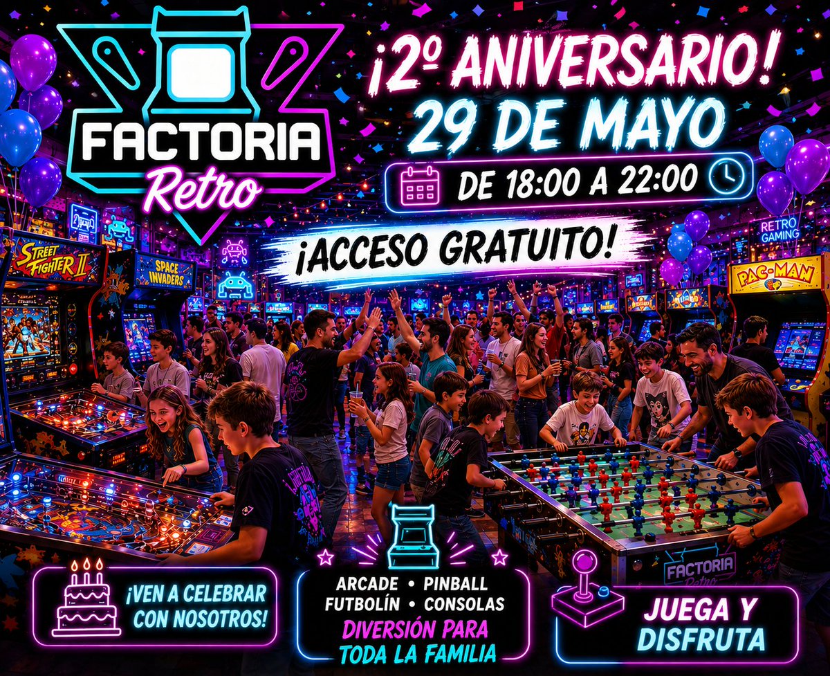 MiFactoriaRetro's tweet photo. ¡Mañana te esperamos en Factoría Retro de 18:00 a 22:00! ¡Celebramos el 2º aniversario de nuestro salón recreativo y te invitamos a que juegues a los mejores arcades y pinball! Diversión para toda la familia.
Calle Parque de Cabañeros 3, Alcorcón. https://t.co/hYDdDPA6cG