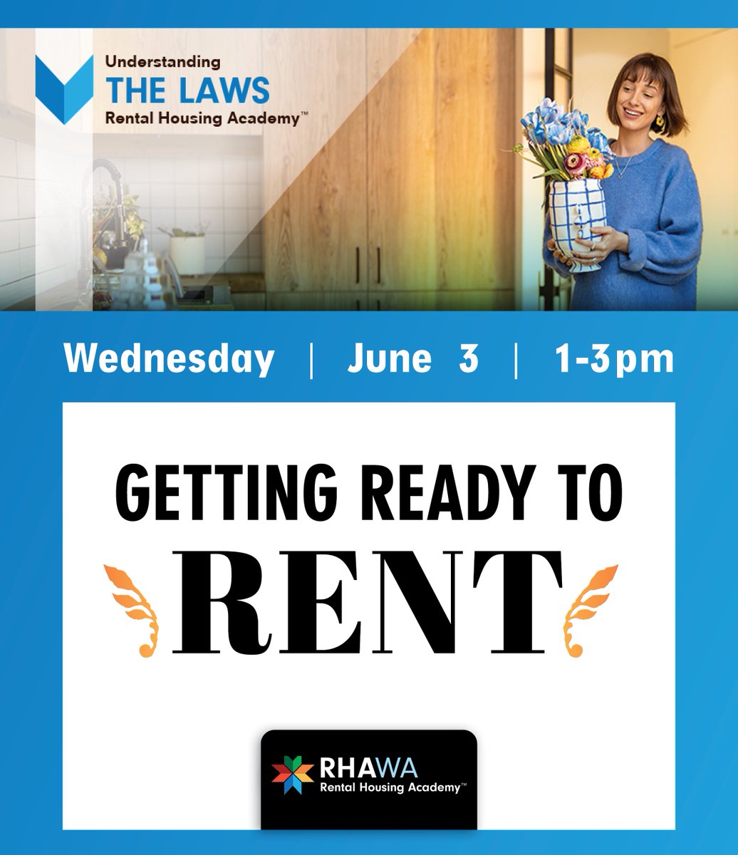 RHAofWA's tweet photo. Before you list that rental, make sure you're set up right. The RHAWA Academy's Getting Ready to Rent class covers WA laws, tenant selection, deposits, and lease terms — all in one session. Wednesday, June 3, from 1-3pm, online.  Sign up now: https://t.co/QesvzWqLHP
 #RentalEducation #RentalHousing #PropertyManagement #WashingtonRentals #RentalLaws #LandlordTips