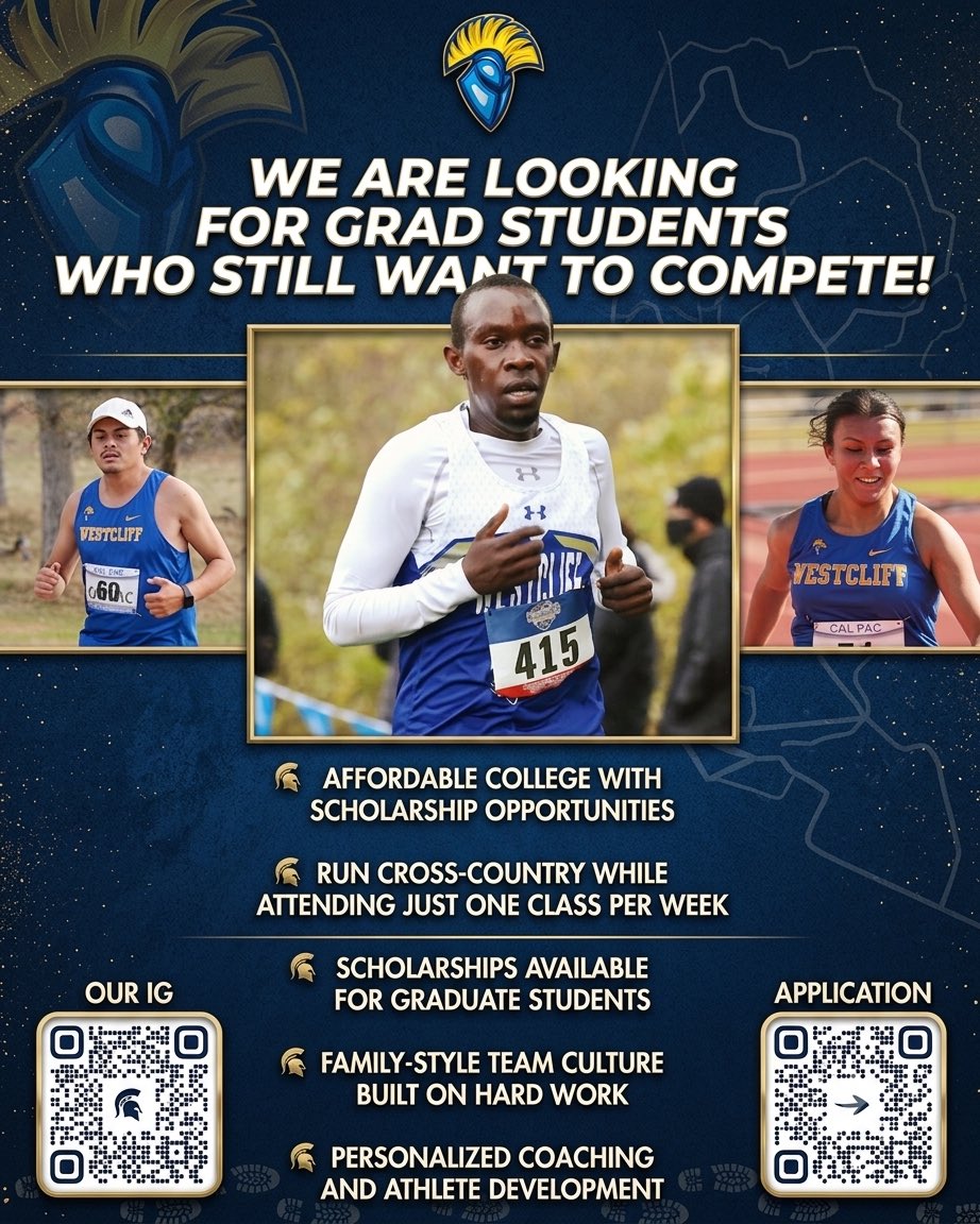 WestcliffXC's tweet photo. If you’re interested in getting you’re interested in getting your Master’s Degree, let’s talk! #XC #CrossCountry #SoCal #OrangeCountyCa #WarriorNation https://t.co/Uja7QlWwC0