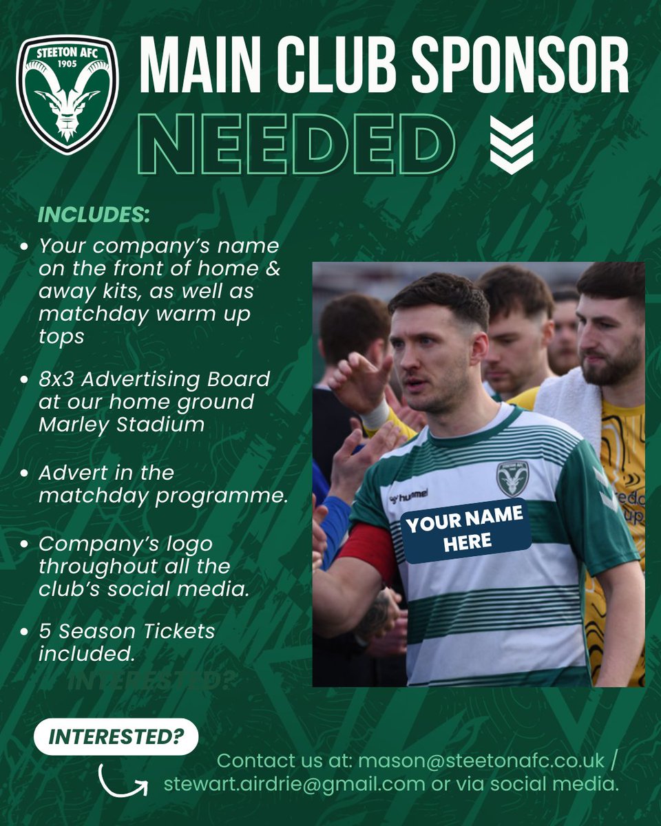 Steetonfc's tweet photo. 🤝 SPONSOR | Steeton AFC are in need of a new main club sponsor ahead of the 2026/27 season.

This is a fantastic opportunity for a business to support the club whilst also promoting your brand across both Yorkshire and Lancashire.

More ➡️ https://t.co/P8Uad7hsgS

#chevrons https://t.co/8GMQ0aWVKa