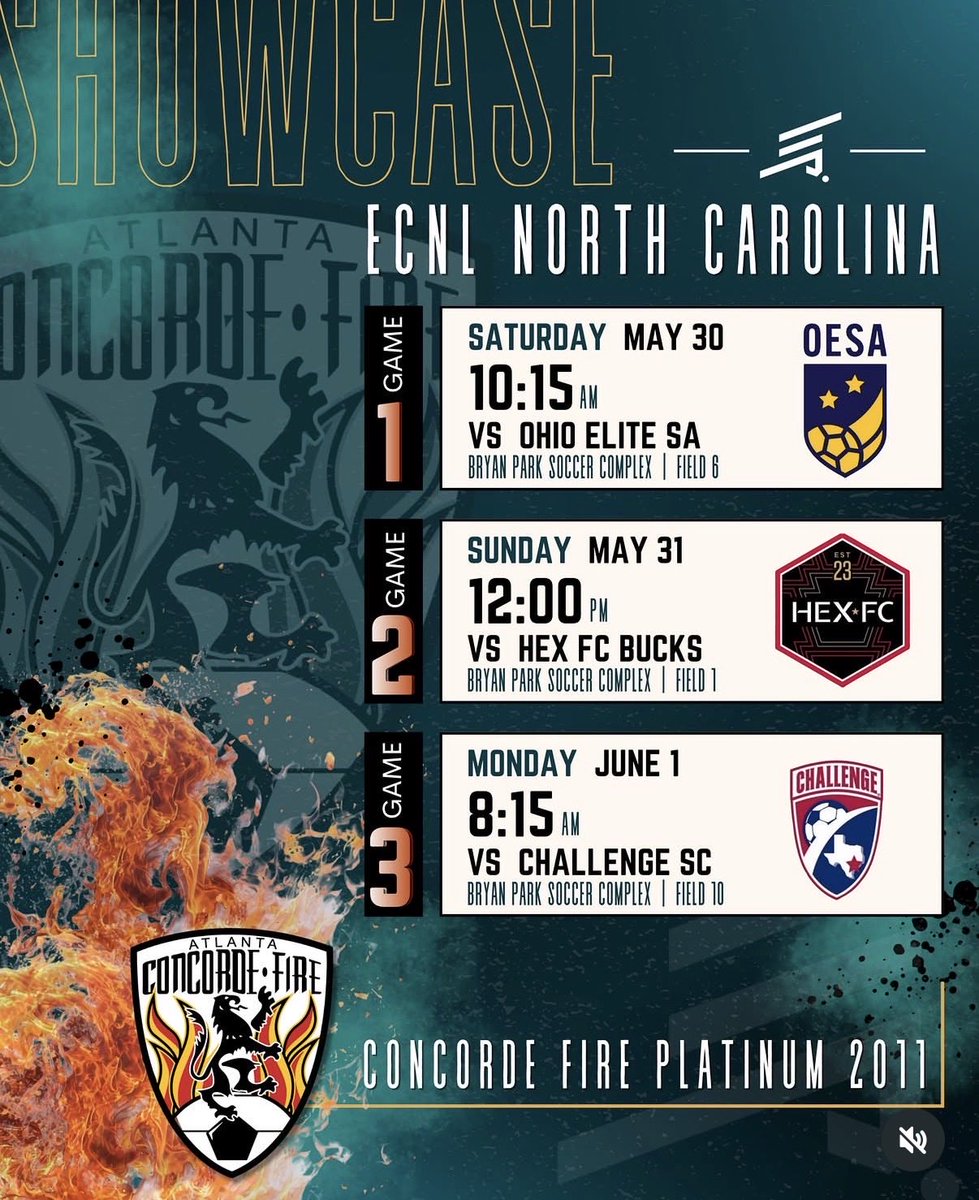 BerkleyObrien6's tweet photo. 🔥 ECNL North Carolina this weekend!

All games at Bryan Park Soccer Complex. 💪
#ConcordeFire #ECNL #ECNLShowcase 

@ECNLgirls @PrepSoccer @TheSoccerWire @UGASoccer @SMUSoccerW @ImYouthSoccer https://t.co/uwuihVSdkH
