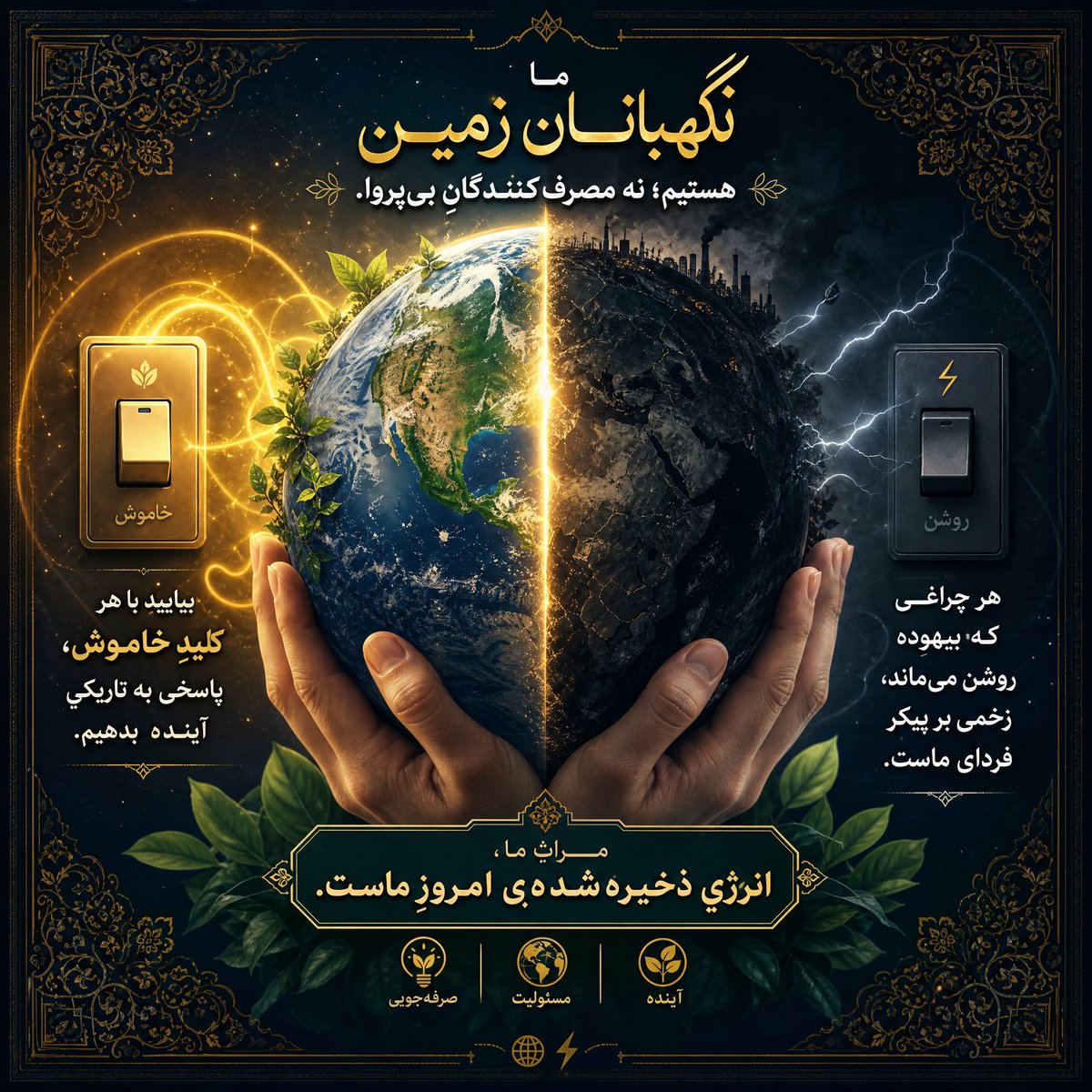 Parvaz_16's tweet photo. «هر چراغی که بیهوده روشن می‌ماند، زخمی بر پیکر فردای ماست. ما نگهبانان زمین هستیم؛ نه مصرف‌کنندگانِ بی‌پروا. بیایید با هر کلیدِ خاموش، پاسخی به تاریکیِ آینده بدهیم. میراثِ ما، انرژیِ ذخیره‌شده‌ی امروزِ ماست. 🌍⚡️»
#صرفه_جویی
#همیار_انرژی https://t.co/1wWCdrufSH