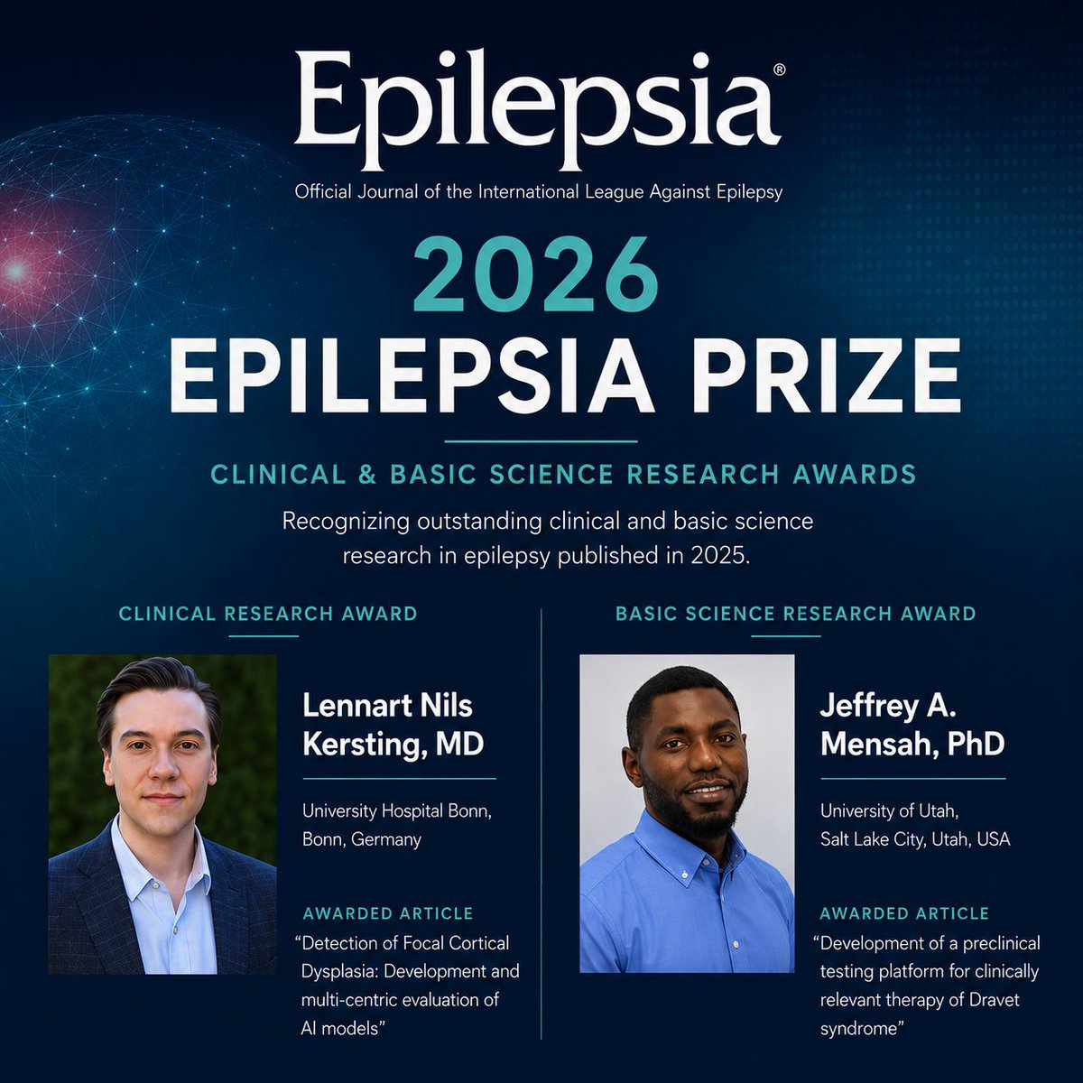 EpilepsiaJourn's tweet photo. The Editors of Epilepsia are pleased to announce the recipients of the 2026 Epilepsia Prize, recognizing outstanding clinical and basic science research published in 2025.

Congratulations to this year's awardees!

Learn more: https://t.co/mDixjM8NAU

#Epilepsy #epilepsiajourn https://t.co/dB3C5K6l3I