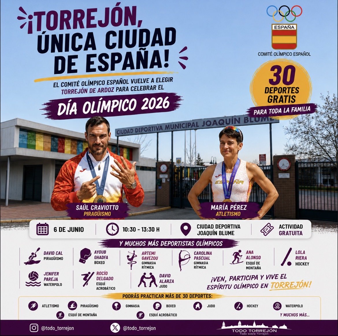 Todo_Torrejon's tweet photo. 🏅 El 6 de junio, Torrejón volverá a ser la única ciudad de España elegida por el COE para el #DíaOlímpico2026 🇪🇸

🥇 Medallistas olímpicos
🏃‍♂️ 30 deportes gratis
📍 Joaquín Blume

#TorrejónDeArdoz https://t.co/A25wczRKhA