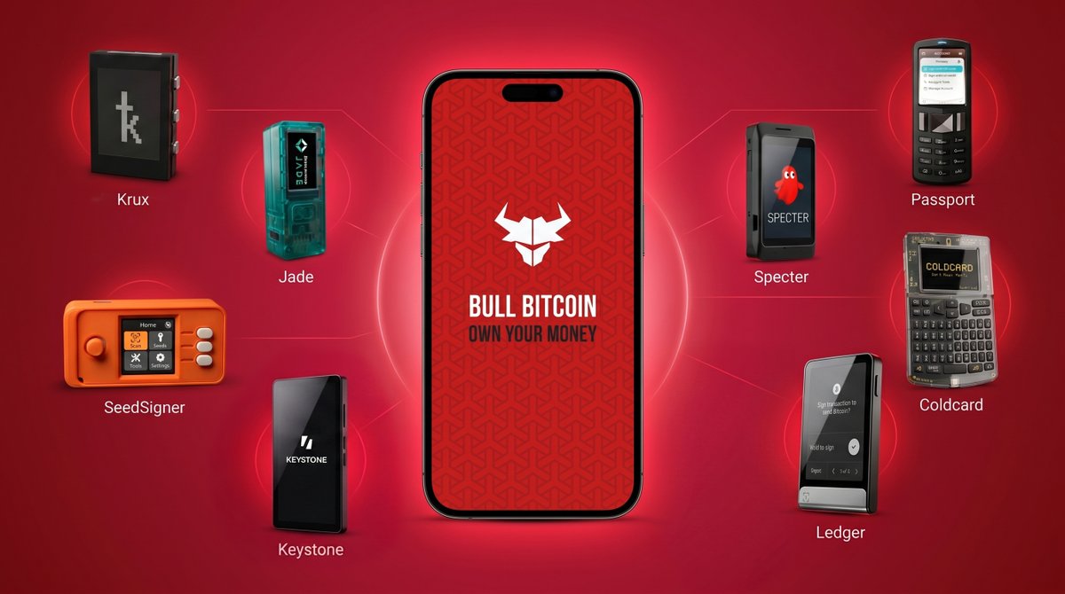 BULLBITCOIN_'s tweet photo. You shouldn’t have to choose between convenience and security.
Connect any of these hardware devices to your Bull Wallet and sign transactions offline!

What’s your favorite signer? https://t.co/7KMsd0C4zh