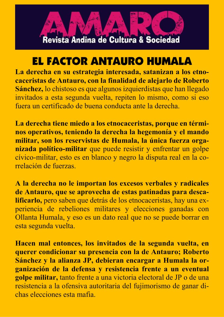 JESUSMANYA's tweet photo. EL FACTOR ANTAURO HUMALA
La derecha en su estrategia interesada, satanizan a los etnocaceristas de Antauro, con la finalidad de alejarlo de Roberto Sánchez, lo chistoso es que algunos izquierdistas que han llegado invitados a esta segunda vuelta, repiten lo mismo... https://t.co/WMud8YpaLS