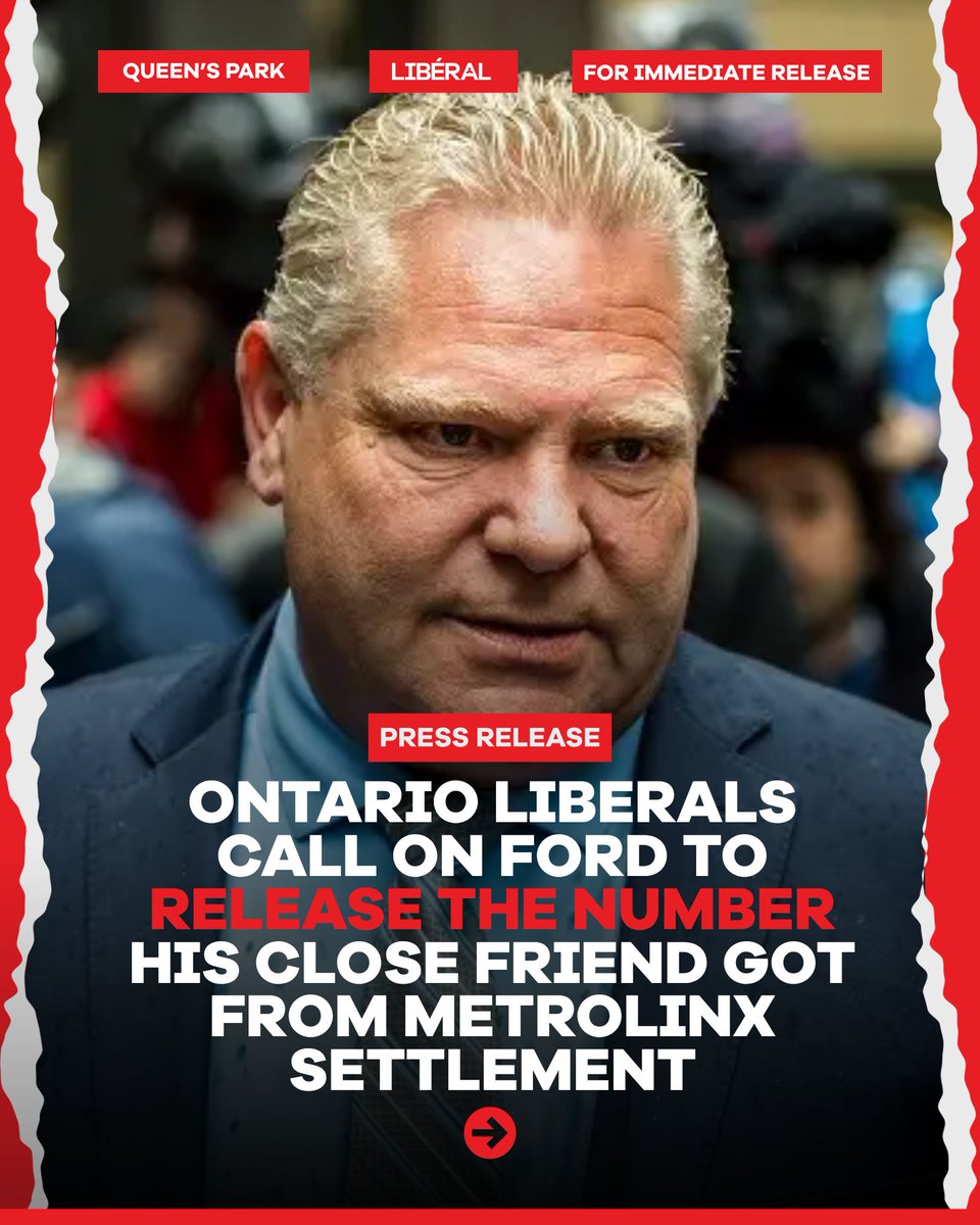 OntLiberal's tweet photo. 🚨#BREAKING: Ontario Liberals are calling on @fordnation to reveal how much his close friend received in a settlement with Metrolinx.

You deserve to know how much the government paid a Ford insider for air.

#airightsscandal #onpoli https://t.co/oQXfdL8LVO
