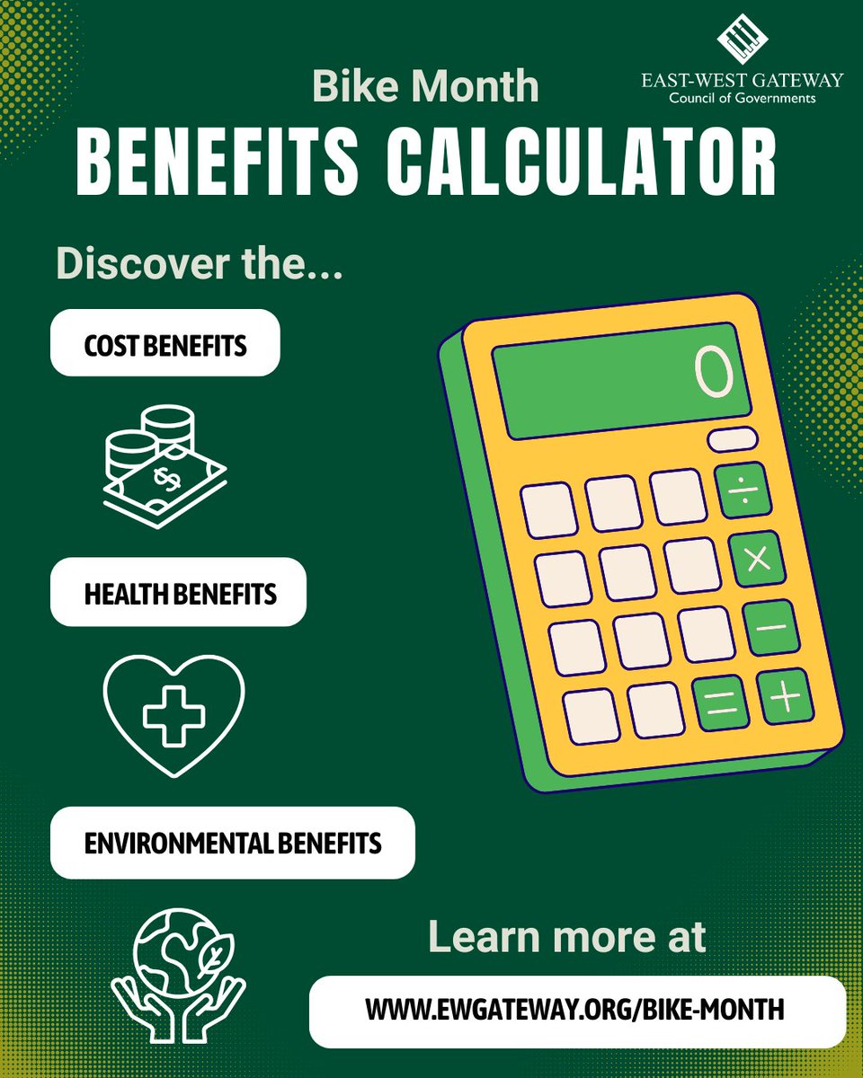 EWGateway's tweet photo. As Bike Month comes to an end, check out our new Bike Month Benefits Calculator! Discover the cost, health, and environmental benefits of cycling to work with this interactive tool. Simply input your distance, commute days, and optional vehicle/health information for an estimated annual benefits summary!

Explore the calculator and other Bike Month resources at https://t.co/UHe8JrFvMP