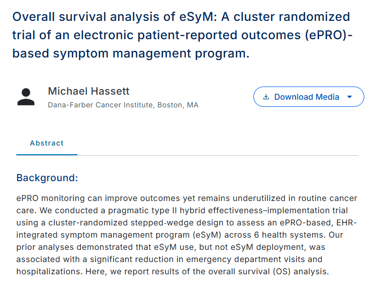 majorajay's tweet photo. And, ePRO monitoring has an OS benefit! #ASCO26
- ~40k pts across 6 health systems using EHR-integrated eSyM system
eSyM users had better OS than non-users:
- Chemo: HR 0.63, absolute 1-yr OS benefit 10.2%
- Surg onc: HR 0.58, absolute 1-yr OS benefit 2.8%
Many of our anti-cancer therapies don't even have this level of evidence! #onctwitter