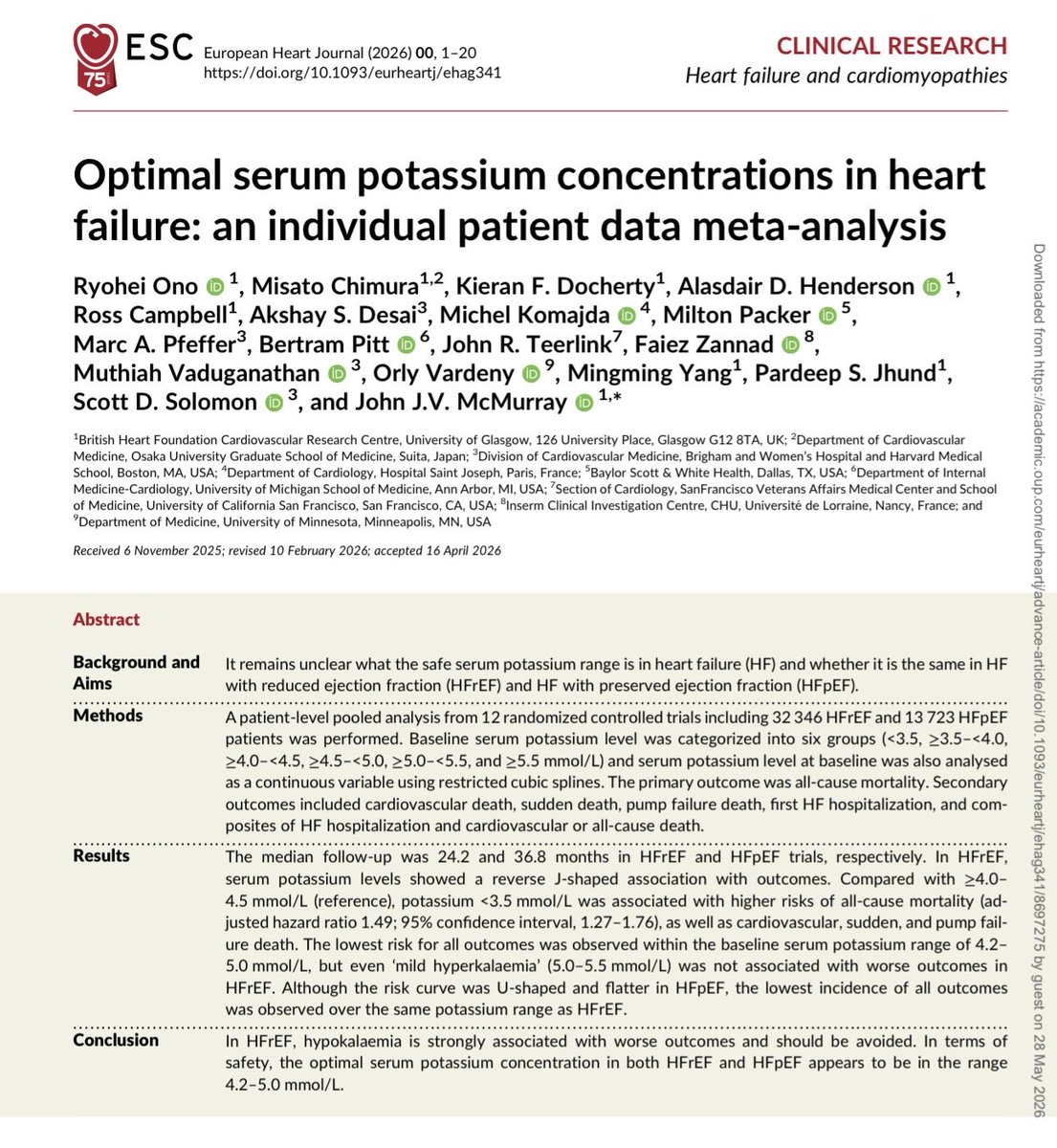 HanCardiomd's tweet photo. Optimal serum K+ concentrations in heart failure: an individual patient data meta-analysis

📝Pooled patient-level analysis of 12 #RCTs (32,346 #HFrEF + 13,723 #HFpEF pts):

Serum K⁺ showed a reverse J-shaped relationship with outcomes in #HFrEF.

Compared with K⁺ 4.0–4.5 mmol/L:
📍K⁺ <3.5 mmol/L → ↑ all-cause mortality (aHR 1.49, 95% CI 1.27–1.76) , ↑ CV death, sudden death & pump failure death

Lowest risk observed at K⁺ 4.2–5.0 mmol/L. Notably, “mild hyperkalaemia” (5.0–5.5 mmol/L) was NOT associated with worse outcomes

#EHJ @ESC_Journals 
https://t.co/8lgn83yRi1