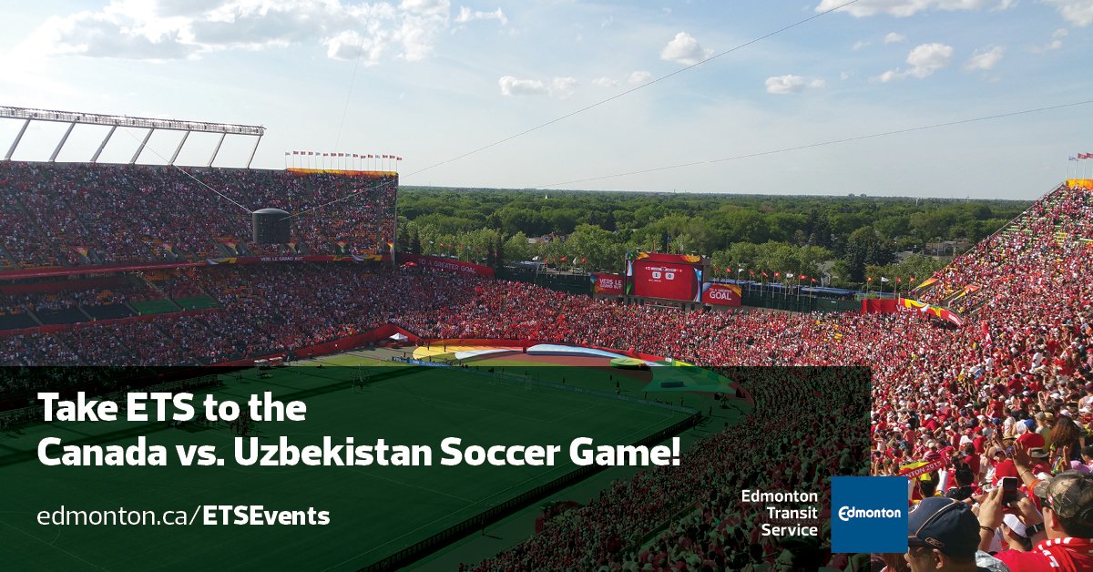 takeETSalert's tweet photo. ETS makes it easy to cheer on the Canadian Men’s Soccer Team as they play Uzbekistan on June 1.

Your game ticket is your fare, whether you take the bus, LRT or Park &amp; Ride to Commonwealth Stadium.

Learn more and find a list of Park &amp; Ride locations at https://t.co/q3Xz04wODS https://t.co/o4ZYo72YKg