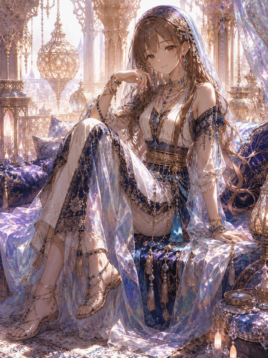 shalthia_diary's tweet photo. リュカ「オパールの光を纏った、
“砂漠の幻装”――。

作っていた衣装、ようやく形になったよ。

ChatGPTに、
キャラクター画像＋ALTのプロンプトで、
近い雰囲気に出来ると思う。

二枚目ALTは、
背景あり・座りポーズ用の追加指示。
改変もOKだよ。

……君の子にも似合うといいな」

#衣装プロンプト https://t.co/by5iAxNNOW