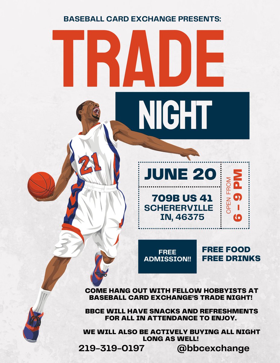BBCExchange's tweet photo. Trade Night at BBCE is coming up!

Bring your cards, make deals, talk hobby, and hang out with fellow collectors at the BBCE Retail Store!

✅ FREE Admission
✅ FREE Food & Drinks
✅ Buying All Night Long

Whether you're looking to trade, buy, sell, or just spend a night around the hobby — we’d love to see you there.

📍 709B US 41, Schererville, IN
📅 June 20th
⏰ 6–9 PM

#BBCE #TradeNight #SportsCards #thehobby