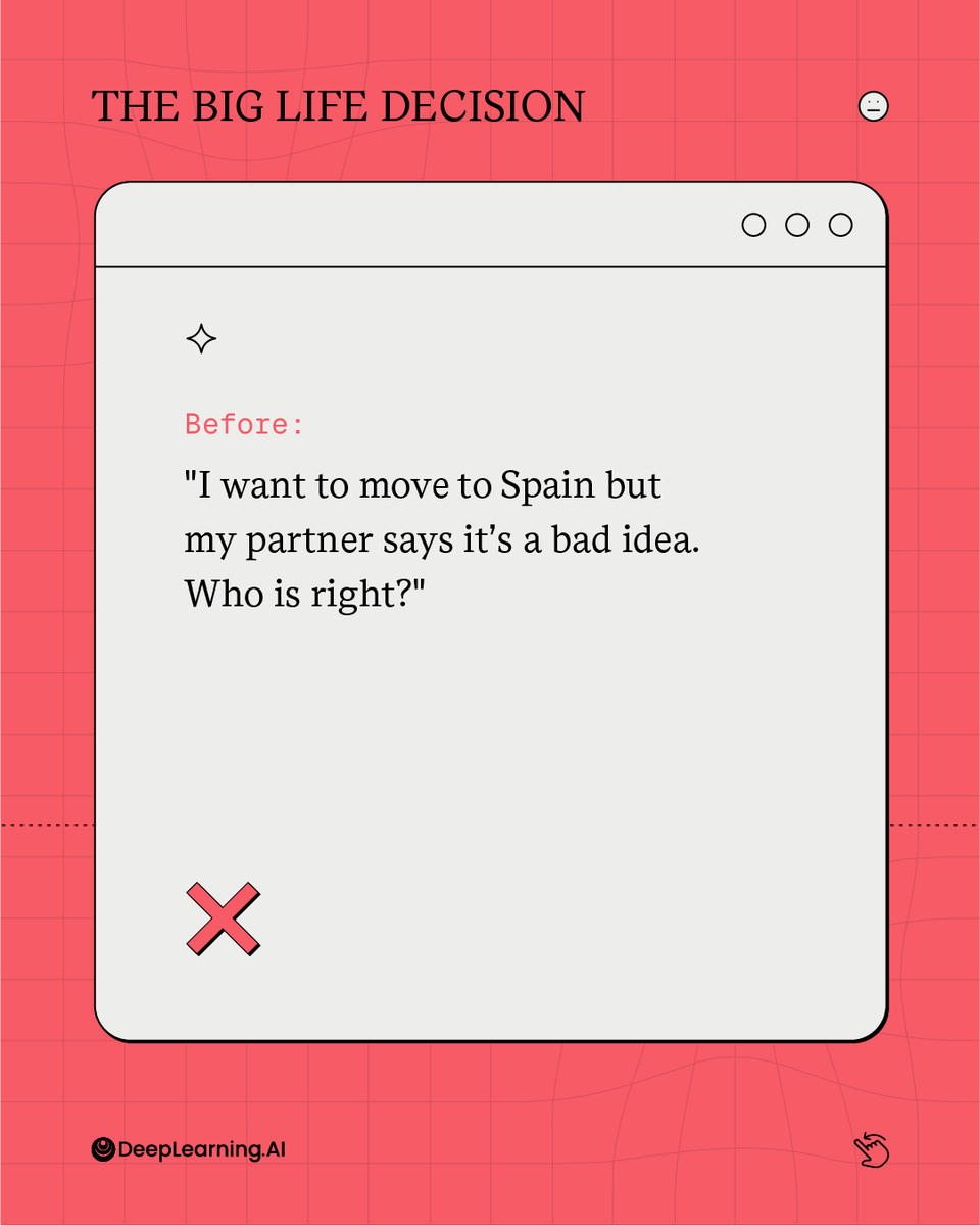 DeepLearningAI's tweet photo. A vague prompt gives vague advice. Context changes the quality of the answer.

The more clearly you explain your situation, constraints, priorities, and goals, the more useful AI becomes for complex decisions.

Learn practical prompting techniques in AI Prompting for Everyone with Andrew Ng: https://t.co/YUemMNg1d9