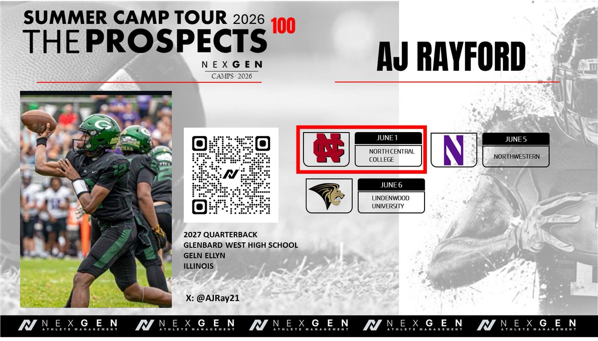 NexGenbyApex's tweet photo. 2026 Camp Tour
☑️Monday
📍North Central College @football_ncc 
📌2027 QB AJ Rayford @AJRay21 
Glenbard West @HitterFootball 
Glen Ellyn (IL) https://t.co/EEeNXcUVmK