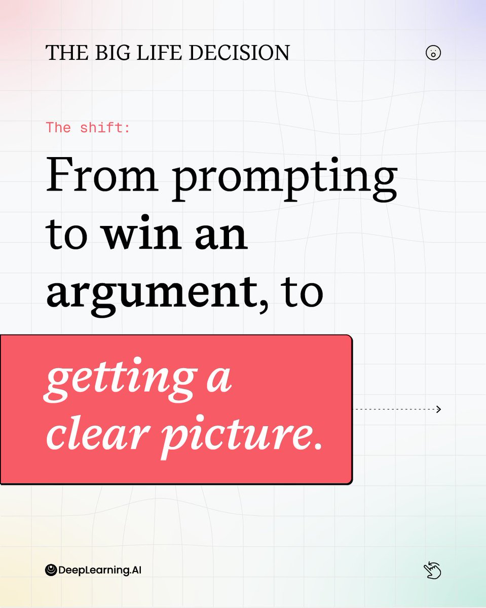 DeepLearningAI's tweet photo. A vague prompt gives vague advice. Context changes the quality of the answer.

The more clearly you explain your situation, constraints, priorities, and goals, the more useful AI becomes for complex decisions.

Learn practical prompting techniques in AI Prompting for Everyone with Andrew Ng: https://t.co/YUemMNg1d9