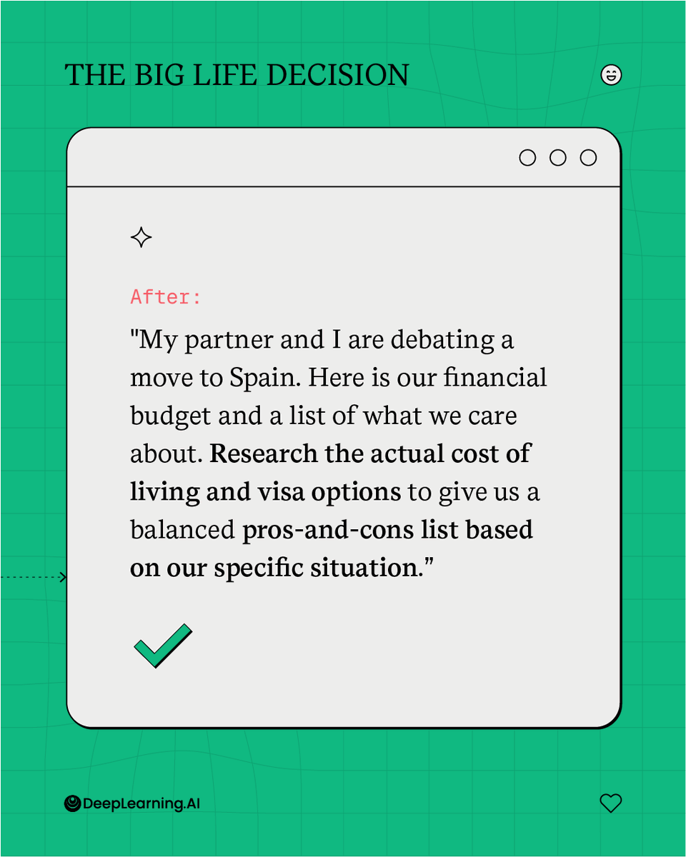 DeepLearningAI's tweet photo. A vague prompt gives vague advice. Context changes the quality of the answer.

The more clearly you explain your situation, constraints, priorities, and goals, the more useful AI becomes for complex decisions.

Learn practical prompting techniques in AI Prompting for Everyone with Andrew Ng: https://t.co/YUemMNg1d9