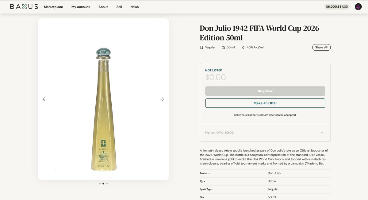 BAXUSco's tweet photo. A box of Don Julio 1942 World Cup 50ml bottles just landed at BAXUS 

Gold vessel, malachite-green closure with marks as the official supporter 2026 World Cup in Canada, Mexico, and the United States (they're awesome)

We're not selling them, we're airdropping them 🧵 https://t.co/pjNkgQgA2h