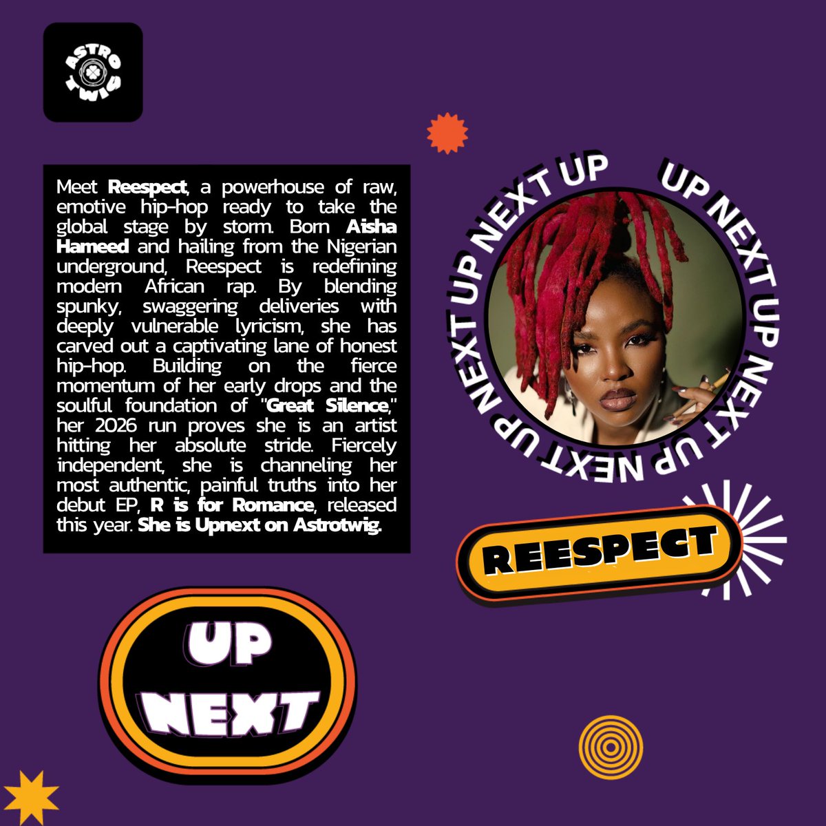 Astrotwig's tweet photo. Reespect is #Upnext! On Astrotwig🎉💜 
The powerhouse of raw, emotive hip-hop has landed. @itsreespect is channeling  lyricism of her Nigerian underground roots into a captivating lane of honest hip-hop. 
Read the Full Article here: https://t.co/6lpC6kWod9 
#stayastro #stayabove https://t.co/tWIALTz6tv