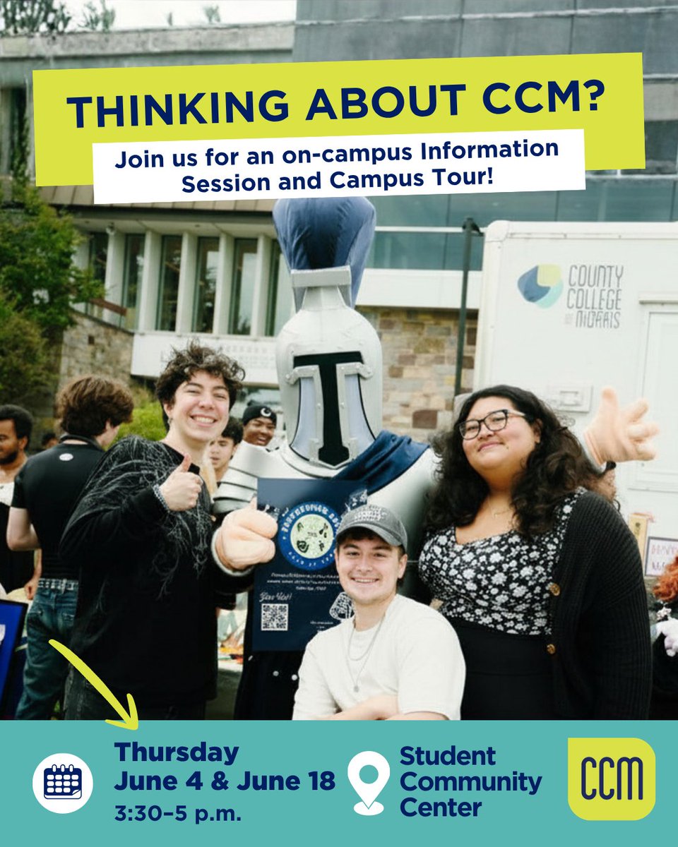CCM_edu's tweet photo. 🌞 Explore CCM this June! Join us for an on-campus Information Session & Campus Tour to learn about everything CCM has to offer.  

📅 June 4 & June 18  
⏰ 3:30–5 p.m. 
📍 Admissions Office in the Student Community Center  
🔗 Register to attend: https://t.co/iifUdhRCpq 

Whether you're planning your next step, changing careers, or looking to transfer—your future starts here. 

#CCM #FutureTitans #CommunityCollege #MorrisCounty #NJColleges #CampusTour #StudentLife