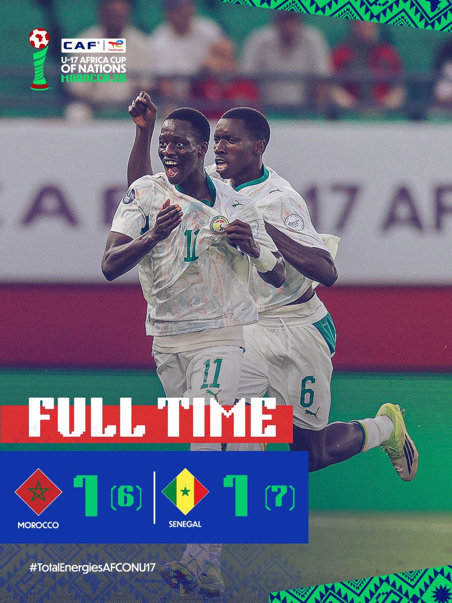 CheikhGora's tweet photo. 🇸🇳🔥 CAN U17 : le Sénégal élimine le Maroc 🇲🇦, pays hôte, à Rabat et rejoint la Tanzanie 🇹🇿 en finale ! 🏆Décidément, les Lionceaux 🦁 continuent de faire pleurer les Marocains sur leurs terres… 😮‍💨 après le sacre lors de la dernière CAN dans ce même stade.🏅 https://t.co/tJRIaqtebz