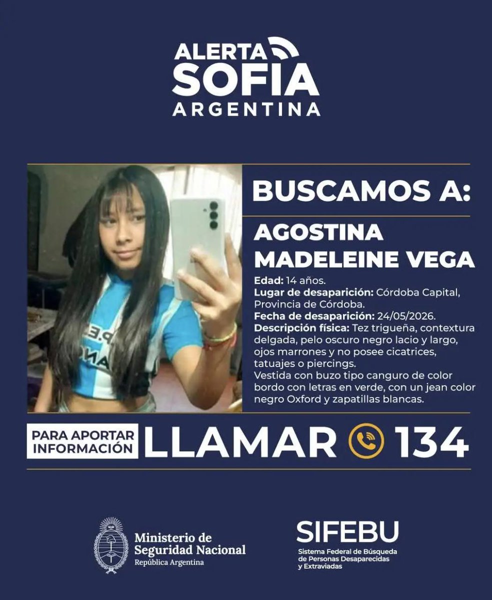 RevistaDeporbox's tweet photo. ALERTA SOFÍA: BUSCAMOS A AGOSTINA MADELEINE VEGA

De 14 años de edad, fue vista por última vez el 24 de mayo, en Córdoba Capital.
 https://t.co/h6AUXFrYJq https://t.co/lHbDzv9pYH