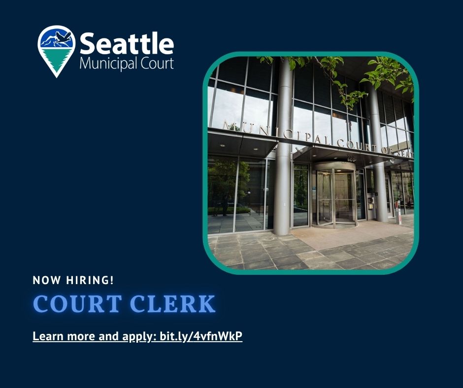 SeaMuniCourt's tweet photo. We're recruiting 2 Court Clerks to support courtroom operations, records, and jury services. Clerks prepare official records, review documents, coordinate transportation &amp; serve as liaisons with judges, attorneys, interpreters &amp; justice partners.
 https://t.co/H6IfFWmSgV https://t.co/lCIT0IZcee