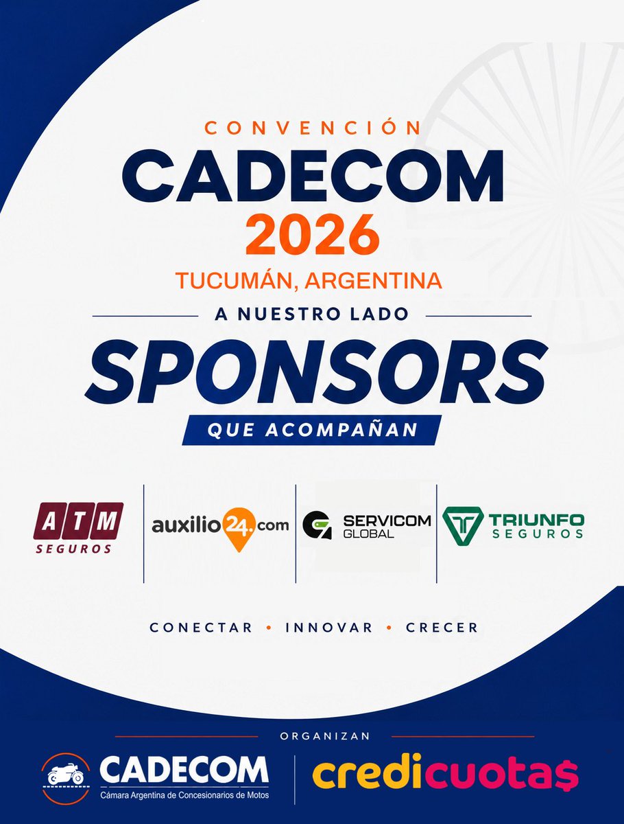 CADECOM_MOTOS's tweet photo. Agradecemos el acompañamiento de nuestro Main Sponsor Credicuotas y el apoyo de ATM Seguros, https://t.co/JZYMxBhi7j, Servicom Global y Triunfo Seguros, empresas que se suman a esta nueva edición.

#ConvencionCADECOM2026 #CADECOM #Motovehiculos #IndustriaMoto https://t.co/y6NNpsL97D